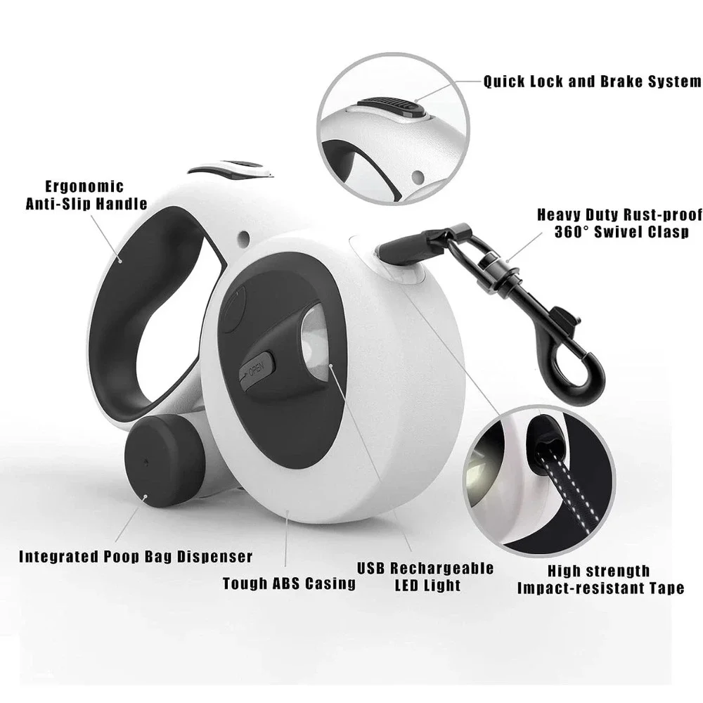 HOY&WILD Retractable Dog Leash‎ with Bag Dispenser/Light/Heavy Duty 16 ft